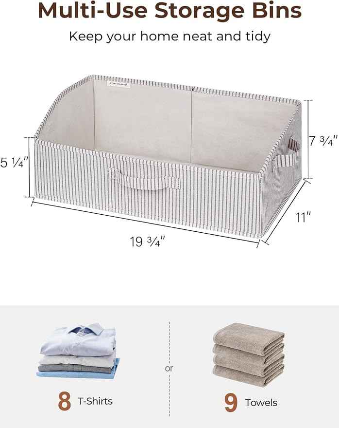 StorageWorks Closet Storage Bins, Trapezoid Organizer Box for Shelves, Fabric Clothes Bin, Foldable Organizing Baskets with Handles, Large, Khaki and Beige Stripes, 3-Pack