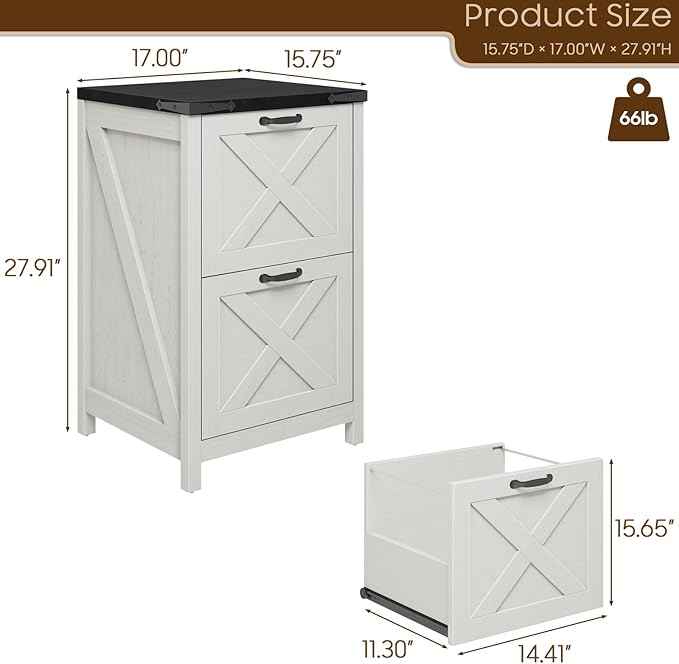 Vabches Vertical File Cabinet with 2 Drawers, Wooden Farmhouse Filing Cabinet for Letter/A4 Size Hanging Files, Under Desk Printer Stand with Storage for Home Office, White and Black