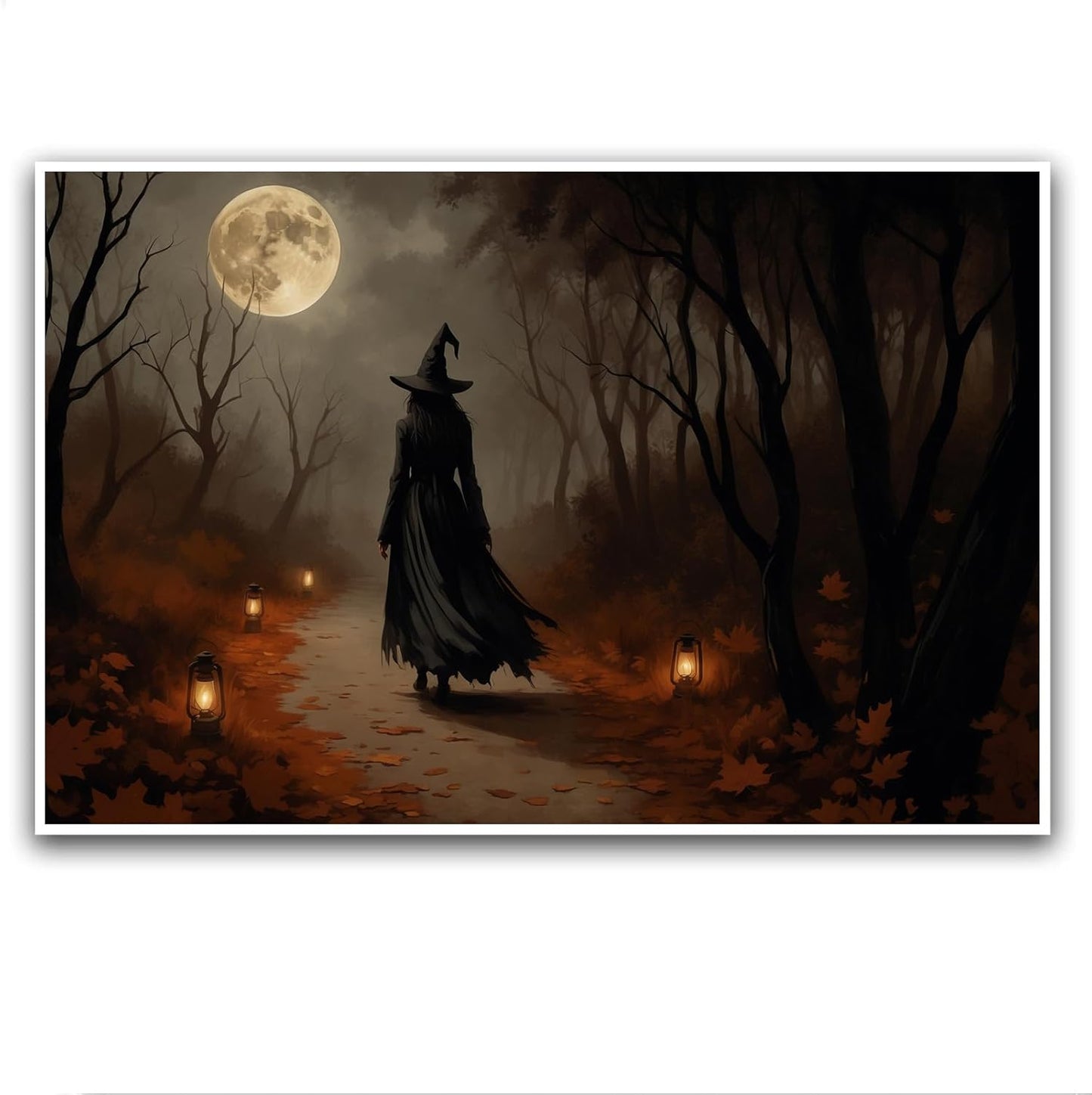 JFHCQJPK Moonlight witch poster dim lantern Halloween decoration Gothic style dark retro college style canvas wall art suitable for living room bedroom16x24in Frameless