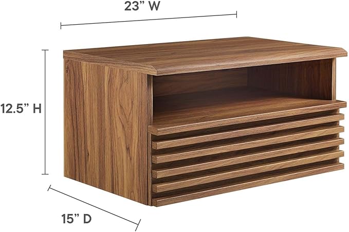 Modway Render Mid-Century Modern, Wall-Mount Nightstand, Walnut