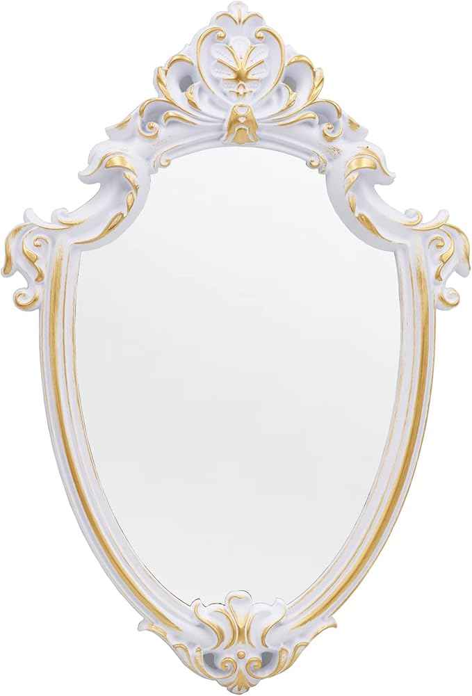 Eaoundm 16.5 x 11 inch Vintage Mirror Antique Mirror Decorative Wall Mirror Shield Shape (White)