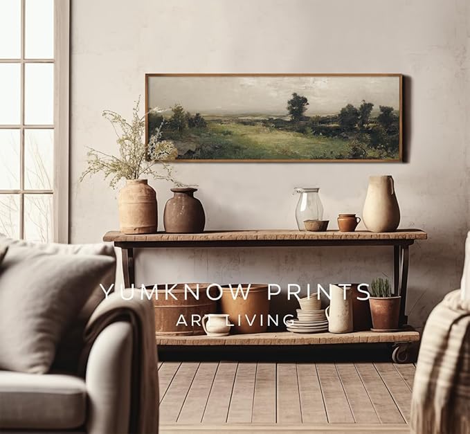 Rolled Vintage Farmhouse French Country Bedroom Wall Decor Above Bed - 10x30" - Horizontal Wall Art Over the Bed - Panoramic Landscape Pictures Signs - Canvas Long Green Nature Wall Art