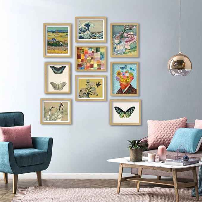 18PCS Vintage Eclectic Wall Art, Colorful Bohemian Gallery Wall Art, Retro Maximalist Decor Aesthetic, Funky Eclectic Gallery Wall Art Prints for Bedroom, Famous Artist Painting Pictures (with Beige Frame)