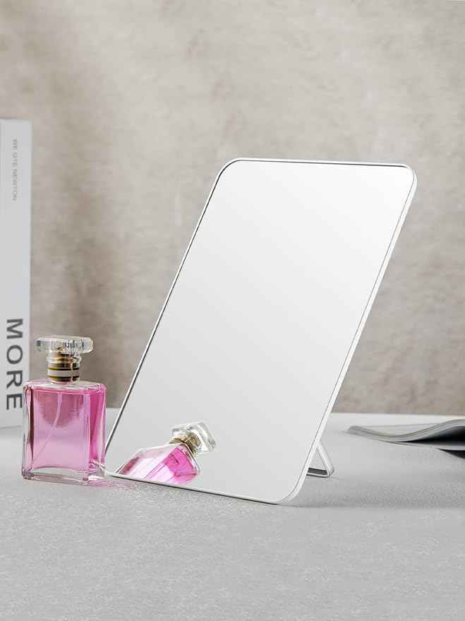 OMIRO Makeup Mirror for Desk, 10 x 7 inches Table Mirror with Adjustable Stand and Hanging Hole for Shaving and Travelling, White