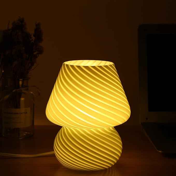 Glass Mushroom Bedside Table Lamp, Yellow Translucent Murano Vintage Style Striped Small Nightstand Desklamp Swirl Light for Home Decor, Dining, Living, Bedroom, Gift (Stripe Yellow)