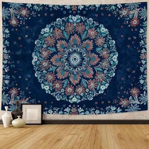 Boho Floral Mandala Tapestry Wall Hanging Blue Bohemian Flower Medallion Tapestry Aesthetic Vintage Navy Hippie Indian Small Tapestries for Bedroom Living Room Dorm Decor 40 x 30 Inch