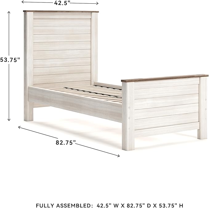 Signature Design by Ashley Willowton Casual Twin Panel Bed with Metal Slats, Foundation or Box Spring Needed, Whitewash