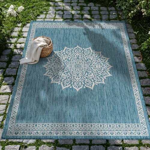 Outdoor Rug 6x9 Medallion Aqua Modern Area Rugs for Indoor and Outdoor Patios Kitchen and Hallway Mats Washable Porch Deck Outside Carpet (60 Sq Ft)