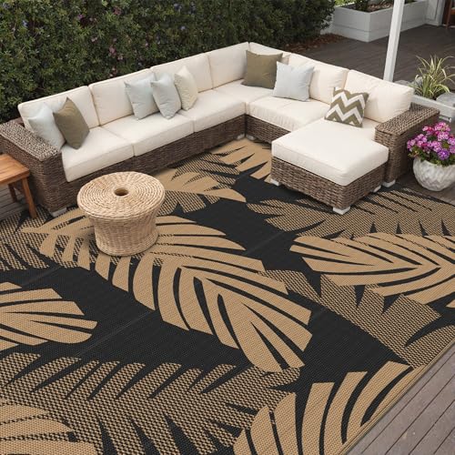 Outdoor Rug Waterproof Plastic Rugs 10'x14' for Camping Black Brown (140 Sq Ft)