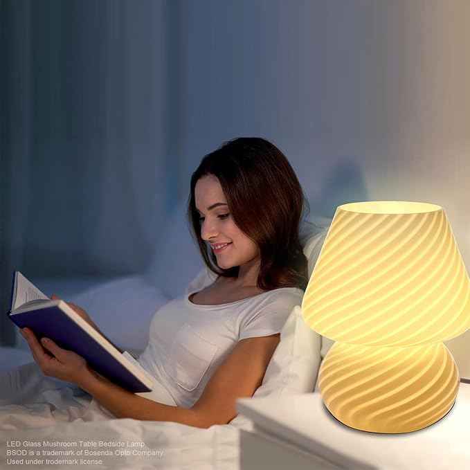 Mushroom Lamp,Glass Mushroom Bedside Table Lamps Purple Translucent Murano Vintage Style Striped Small Nightstand Desklamp Swirl Light for Home Decor, Dining, Living, Bedroom, Gift (Stripe Purple)