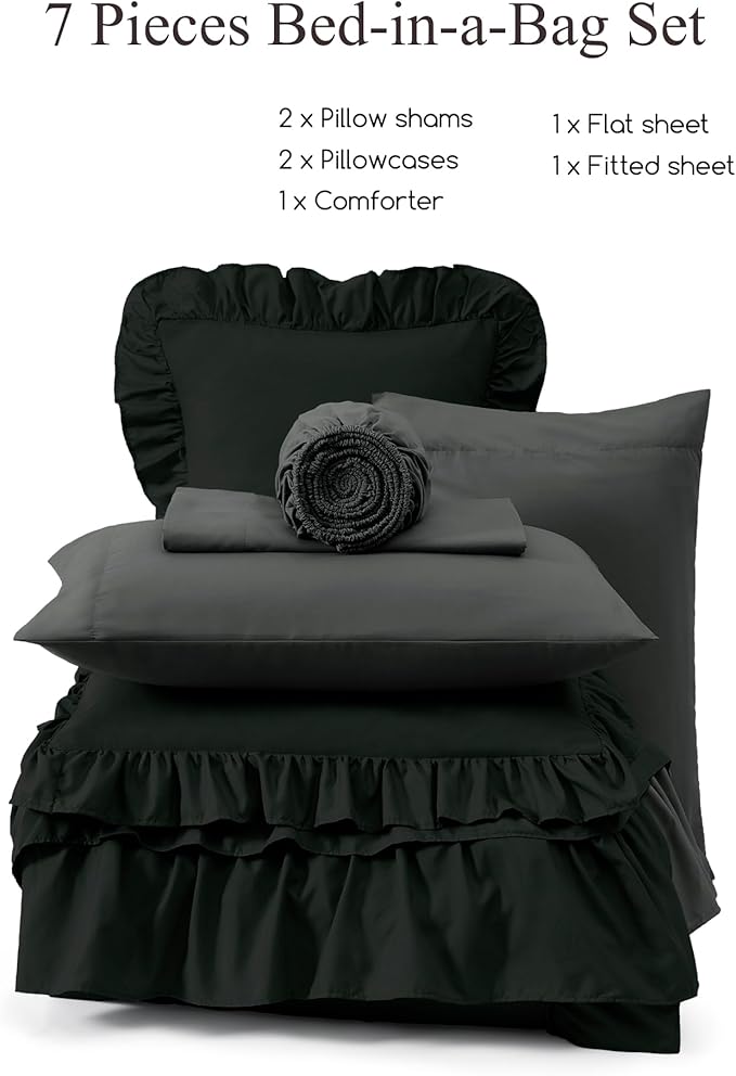 King Size Comforter Set Black, Ruffle Shabby Chic Bedding Set Farmhouse 7 Pieces, All Season Fluffy Bed in a Bag with Sheets, Pillowcases & Shams