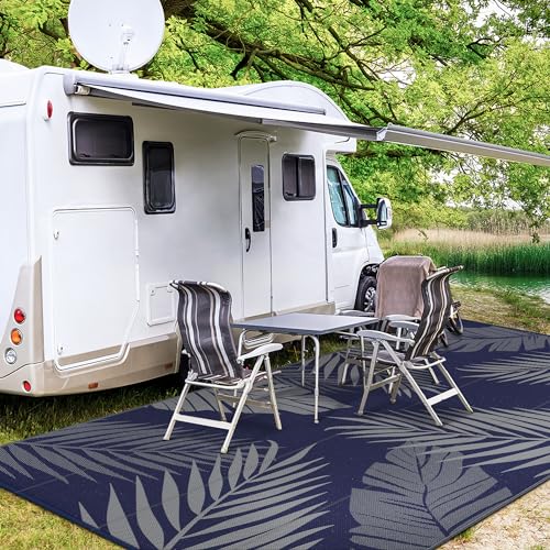 Outdoor Rug Waterproof Plastic Rugs 9'x18' for Camping Blue Grey