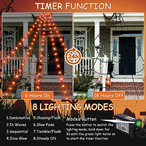 Spider Web Lights Halloween Decorations Outdoor (White Spider, Black Web, Orange LED)