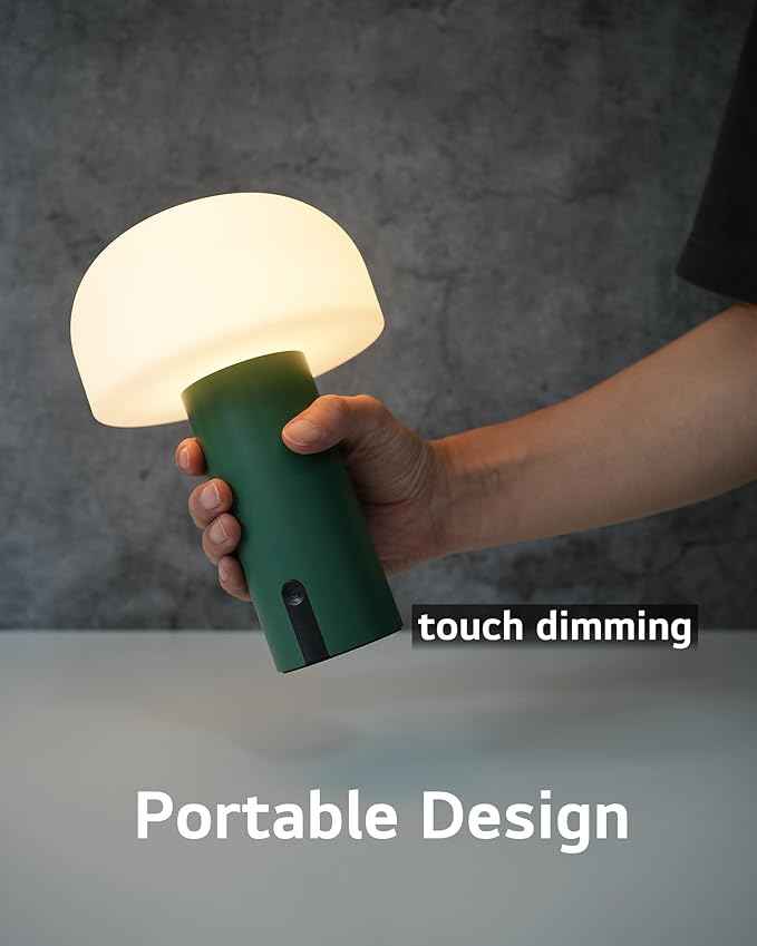 Cordless Mushroom Table Lamp, Waterproof Shower Lamp, Battery Operated Table Lamp Rechargeable, Touch Dimmable Night Light for Bedroom/Patio/Camping/Dinning/Outdoor (Green)