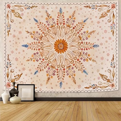 Boho Floral Mandala Tapestry for Bedroom Aesthetic Watercolor Bohemian Flower Wall Tapestry Brown Beige Hippie Indian Small Tapestries Wall Hanging for Living Room Dorm Decor 40 x 30 Inch