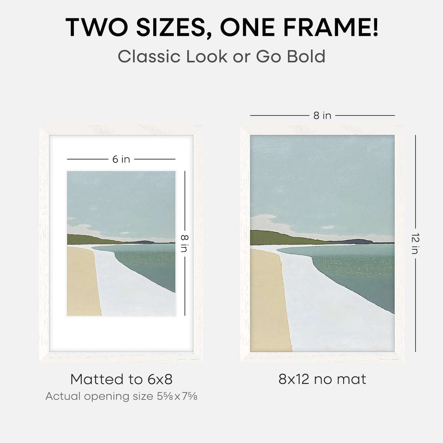 Homeforia 8x12 Picture Frame White, High End Oak 8 x 12 Wood Frames with Mat 6 by 8 Print, 8by12 Wooden Frame Matted to 6x8 inch Photo, 12x8 Wall or Tabletop Frames, Tempered Glass, Wall Kit, Set of 1