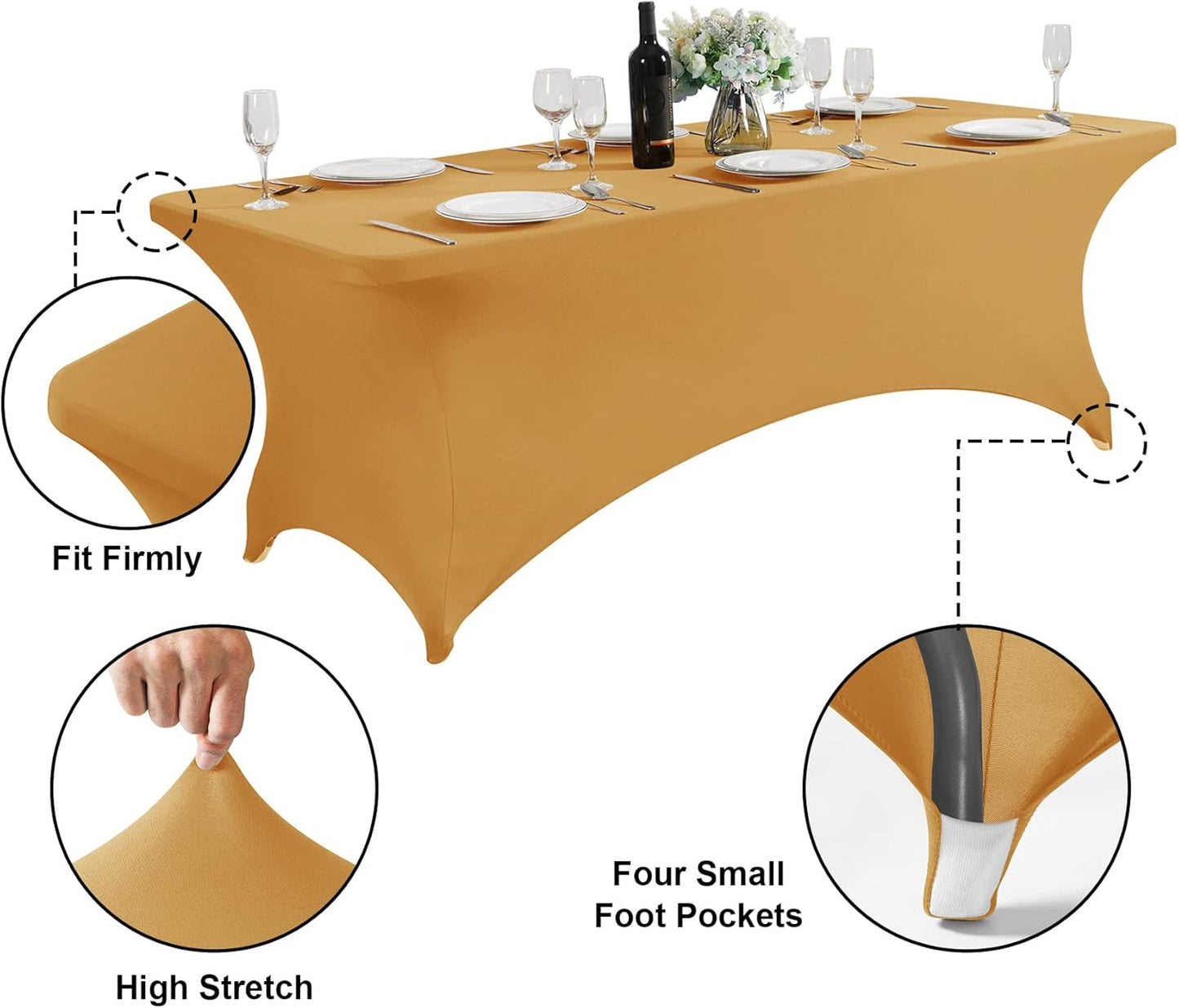 SuperO Waterproof Spandex Table Cover for 8FT Table Universal Fitted Stretch Tablecloth for Party, Banquet, Wedding and Events-Gold