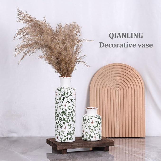 Green Ceramic Vase Set - 3 Chinoiserie Green Floral Vases, Farmhouse Country Flower Vase Home Decor, Living Room Decoration, Table Decoration, Fireplace Decor, and Entrance Decorations Centerpiece