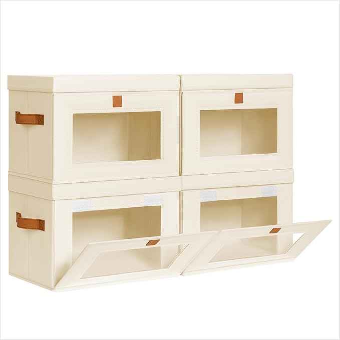 Small Fabric Storage bins - Collapsible Storage Bins with Open Window, 4 Pack Closet Baskets for Shelves, Stackable Decorative Boxes for Home, Dorm, Beige, 13.7"x 9.8" x 9.8"