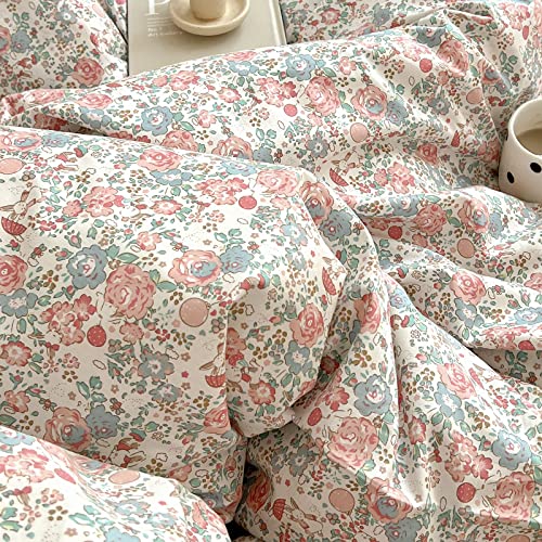 Queen Size Comforter Set Boho Pink Floral Bedding Comforter with 2 Pillowcases Vintage Garden Style Boho Comforter for Queen Bed Cute Flower Bedding Fluffy Cottagecore Botanical Comforter Set