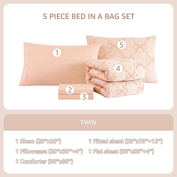 Twin Comforter Set with Sheets for Girls-5 Pieces Twin Bedding Sets with Orange Pink Comforter, Sheets, Pillowcase & Sham for Kids (Orange Pink Diamond, 66" X 86")