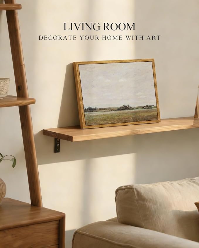 InSimSea Framed Canvas Print Art, Vintage Open Field Landscape Painting, Rustic Farmhouse Cottage Decor for Hallway Wall Floating Shelf Desk Vanity Fireplace,10x8in, Neutral Tones