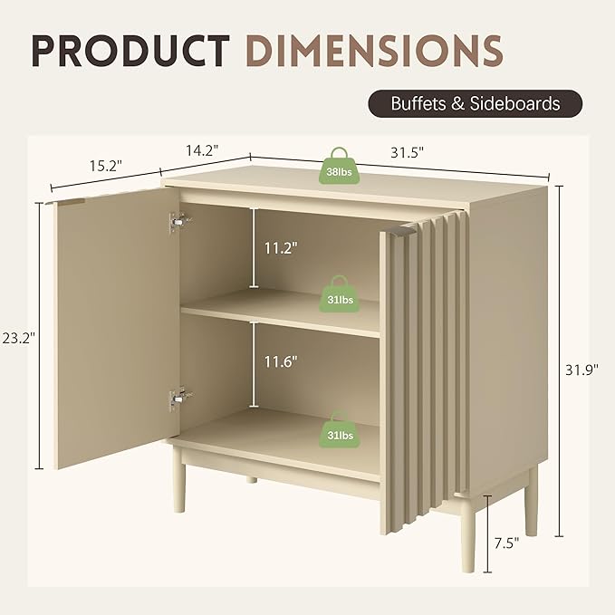 Fluted Sideboard with Storage, Buffet Cabinet Sideboard with Door, Kitchen Buffet Storage Accent Cabinets with Adjustable Shelves for Living Room, Entry, Hallway, Beige