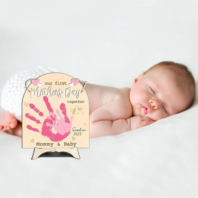 DIY Custom Our First Mother's Day Together Mommy & Baby Handprint Signs, Baby First Mothers Day Gifts for Babies, Toddler And Mom Mother's Day Crafts Plaque, Memory Keepsake Baby Milestone Photo Props