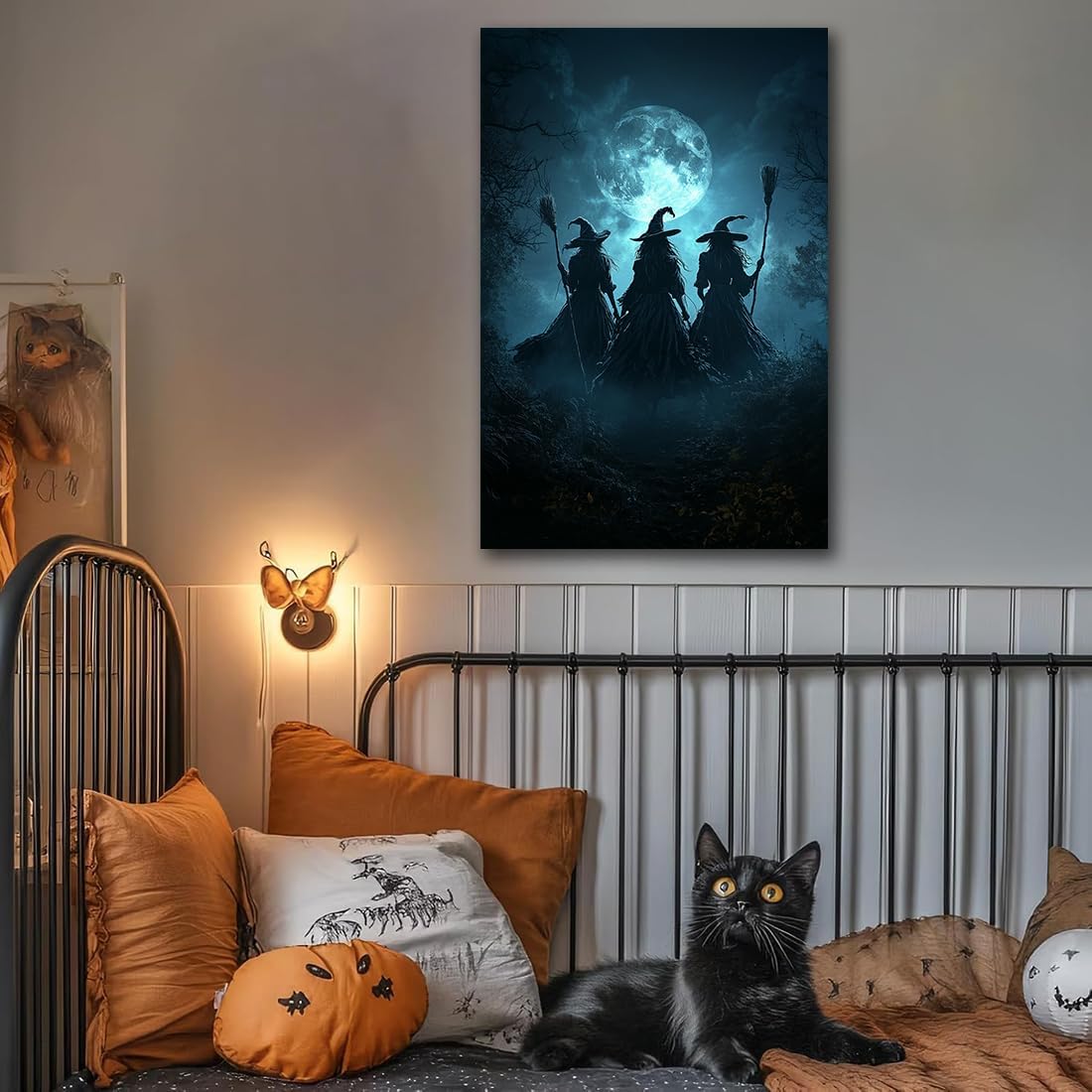 Moonlight Witches Halloween Canvas Art Picture,Three Witches on Broom in Forest Painting Print Gothic Decor,Halloween Witch Poster Witchy Room Aesthetic Bedroom Home Decorations,24"x36" Framed