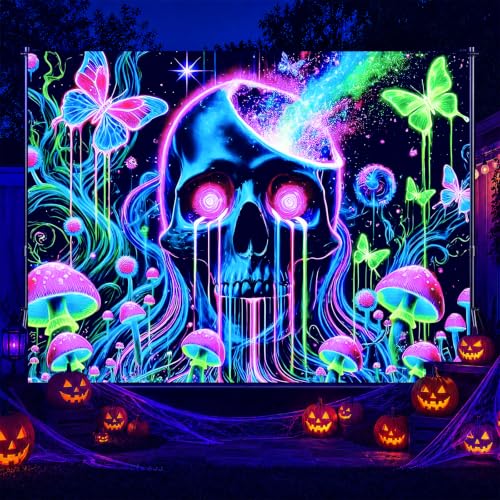 Blacklight Tapestry Skull Butterfly Room Decor 78 x 59 Inch