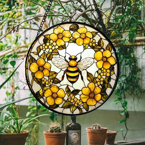 Bee Wreath Stained Glass Window Hanging Suncatcher Gifts for Women 9.8"