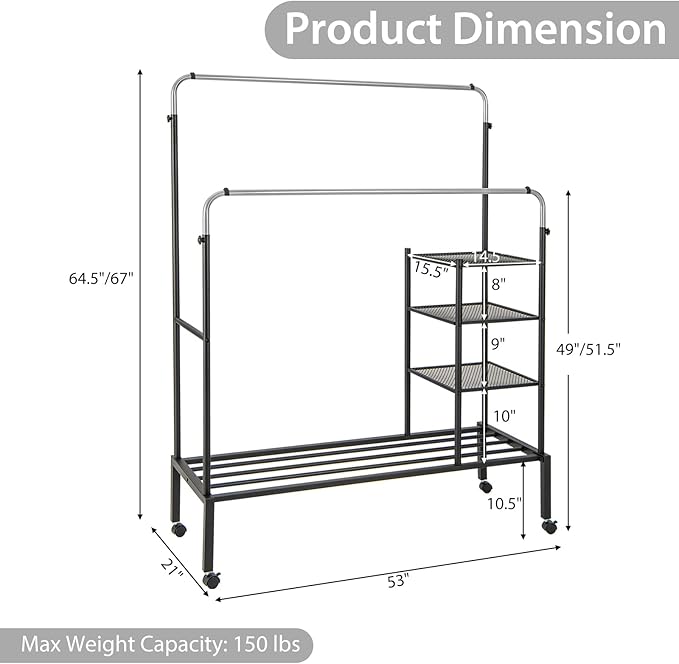 Tangkula Rolling Double Rods Garment Rack, Clothes Drying Rack with Height Adjustable Hanging Bars, Storage Shelves & Lockable Wheels, Heavy-duty Steel Clothing Rack for Indoor & Outdoor Use (Silver)