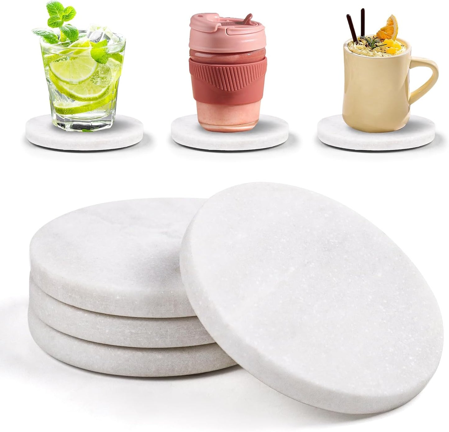 White Marble Coasters with Bling Particles, Set of 4 - Natural Marble Stone Drink Coaster with Protective Silicone Feet, 4 inch Diameter, 0.4 inch Thick - Heat-Resistant Coasters for Coffee Table