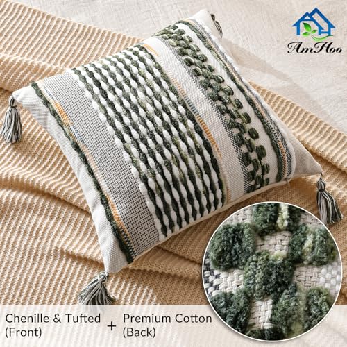 Set of 2 Chenille Striped Textured Boho Throw Pillow Covers Aesthetic with Tassels Woven Decorative Pillow Case for Couch Bed Sofa Bedroom Modern Funky 18 x 18 (2 Count)