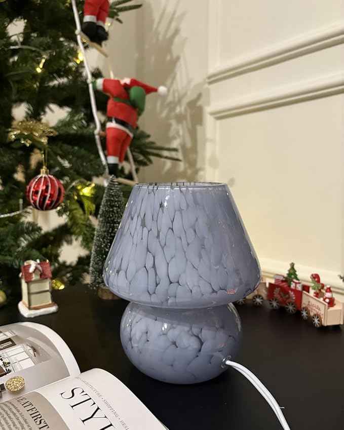 ONEWISH Mushroom Lamp Small Bedside Table Lamp-Nightstand Nightlight Dimmable Stepless, Translucent Glass Desk Lamp for Bedroom Dorm Living Kitchen, Murano Style Aesthetic Cute Home Decor(Blue)