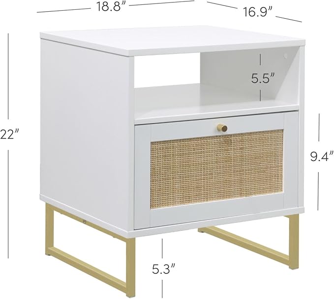 Nathan James Mina Rattan Wood End Side Accent Table Nightstand with Storage for Living Room or Bedroom, 1, White/Gold