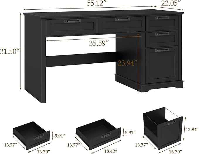 Vabches 55" Farmhouse Home Office Desk with File Drawer, Executive Computer Desk with 4 Storage Drawers, Rustic Computer Desk for Working, Studying, Writing, Black
