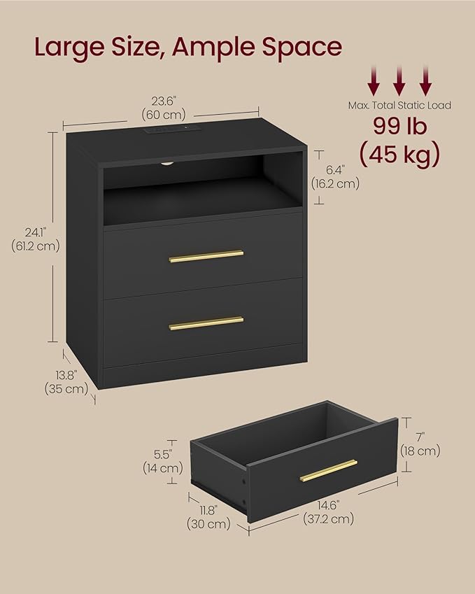 VASAGLE Custos Collection - Nightstand with Charging Station, LED Lights, Modern Night Stand, Side End Table with Drawers, Open Shelf, 2 AC Outlets USB Ports, Ink Black ULET639BC01S