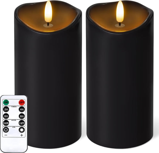 NURADA Outdoor Flameless Candles with Remote Timer - Waterproof Realistic Flickering LED Pillar Electric Battery Operated Fake Candle for Home Halloween Holiday Party Decor - 2 Pack Black(D3”H6”6”)