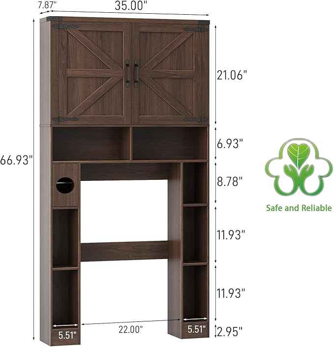 Vabches Over The Toilet Storage Cabinet, Farmhouse Storage Cabinet Over Toilet with 2 Barn Doors ，Toilet Paper Holder Stand，Home Space-Saving Toilet Rack, for Laundry, Restroom, Bathroom.Espresso.