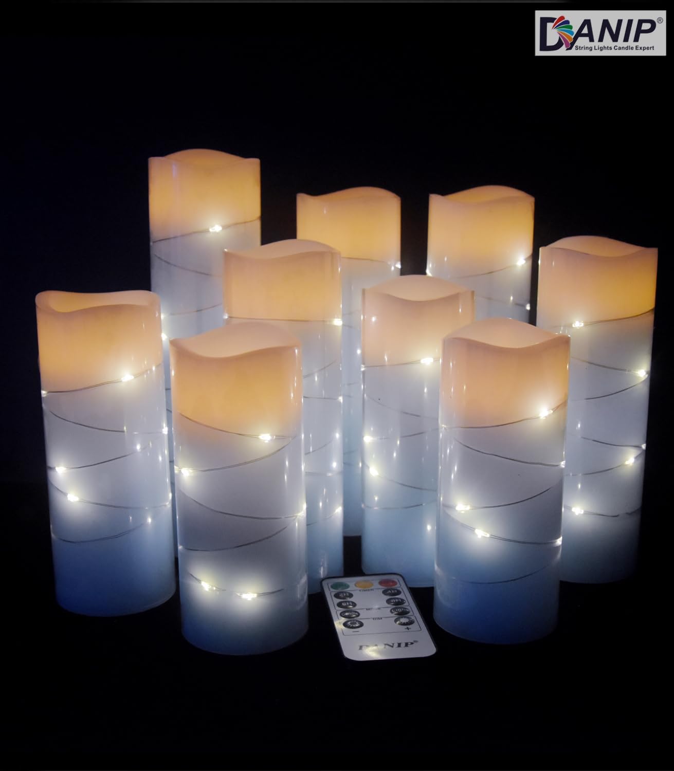 Sky Blue Flameless Candle, with Built-in Star Clusters, 9 LED Candles, 11 Button Remote Control, 24-Hour Cycle Timing, Flashing Flames, Real Wax, Battery Powered. (Full Sky Star Series)…