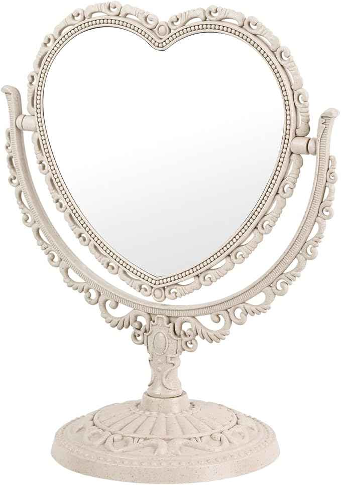 Heart Shaped Cute Vanity Princess Mirror for Desk,Double-Sided Rotatable Table with Stand Downtown Girl Room Coquette Decor (Beige)