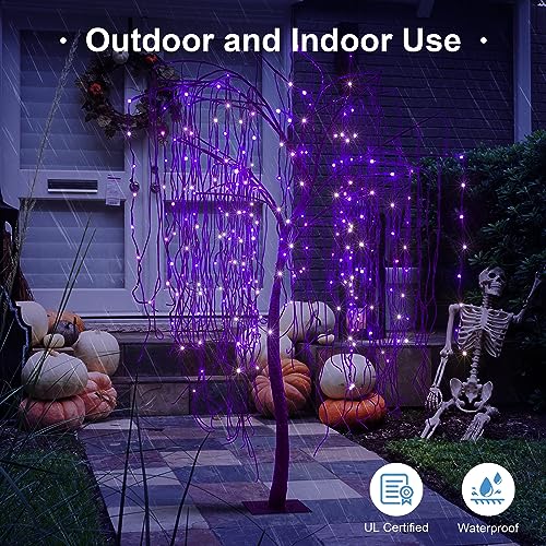 7 FT Halloween Lighted Willow Tree 256 LED Purple Lights Artificial Weeping Willow Tree with 6 Spiders Outdoor Indoor Decoration Christmas Festival Decor (Purple)
