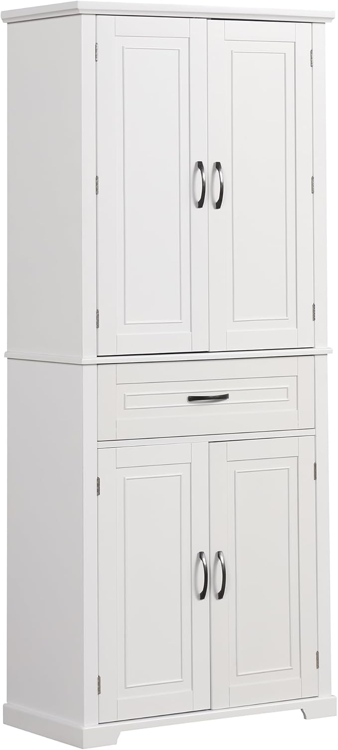 72.2" Storage Cabinet with Doors and Drawers, Tall and Wide Kicthen Pantry Cupboard Home Display Organizer with Door Shelf Rack for Bathroom, Adjustable Shelf, White