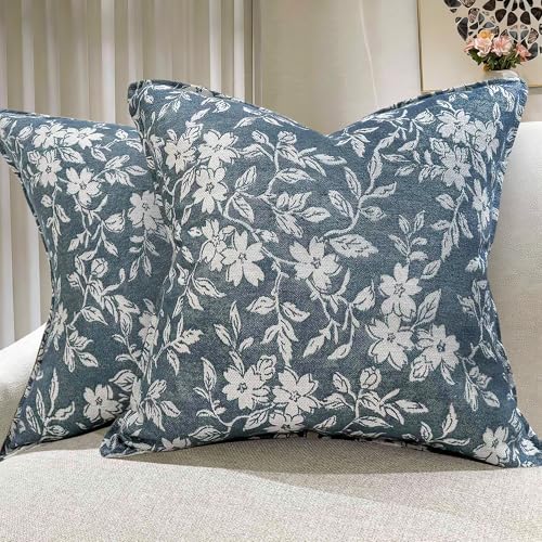 Vintage Floral Euro Pillow Covers 26x26 Pack of 2 Vintage Farmhouse Jacquard Decorative Throw Pillow Covers for Living Room Couch Bed Home Decor Blue (2 Count)