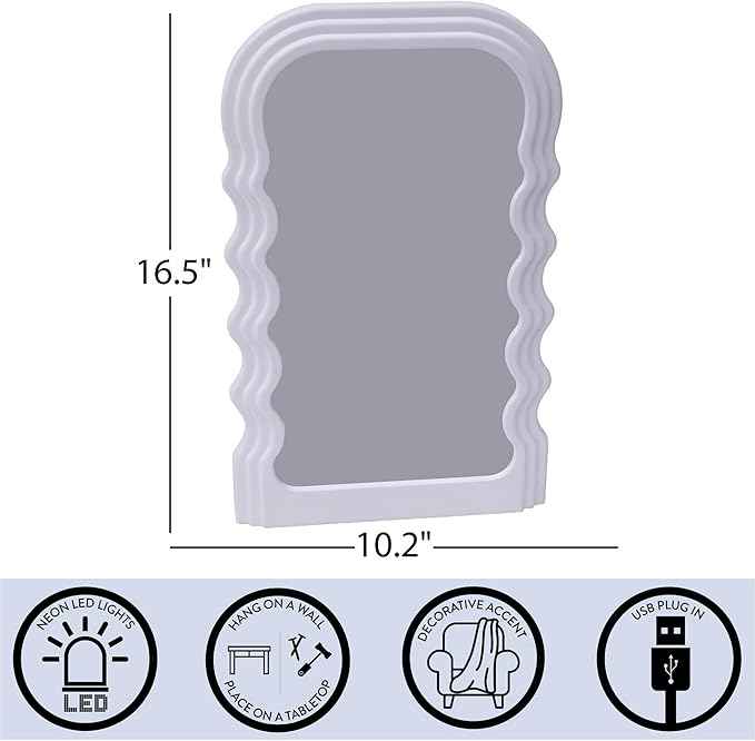 Urban Lifestyle LED Wavy Wall Mirror,Color Changing Light Up Mirror for Bedroom, Living Room or Dorm,16.5" x 10.28"