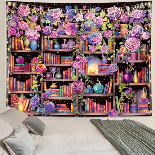 Bookshelf Pink and Purple Flower Tapestry Colorful Plants Tapestries for Bedroom Aesthetic Floral Wall Hanging Cute Girl Bedroom Decor