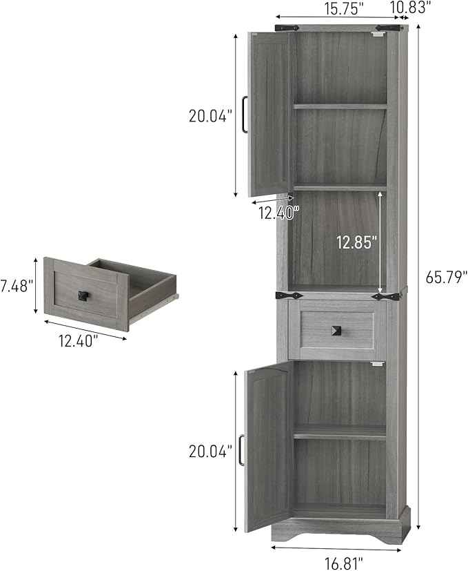 Vabches 66" Tall Farmhouse Bathroom Storage Cabinet with Barn Doors and Drawer, Narrow Storage Unit, Adjustable Shelves & 5-Tier Space, Freestanding Cabinet for Bathroom, Entryway, Kitchen, Wash Grey
