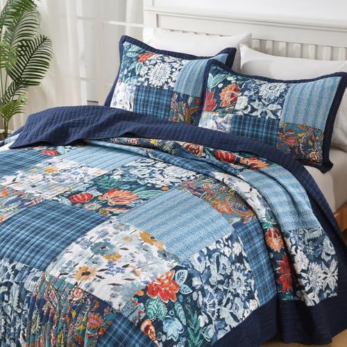 Cotton Bedspread Luxury Vintage Floral Patchwork Quilt Blue Bedding Sets