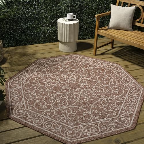 Vintage Filigree Indoor Outdoor Octagon Area Rug 5 Ft Red